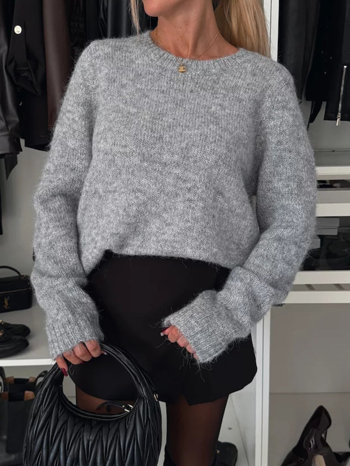 Bow Slit Back Round Neck Sweater - ClassiQ