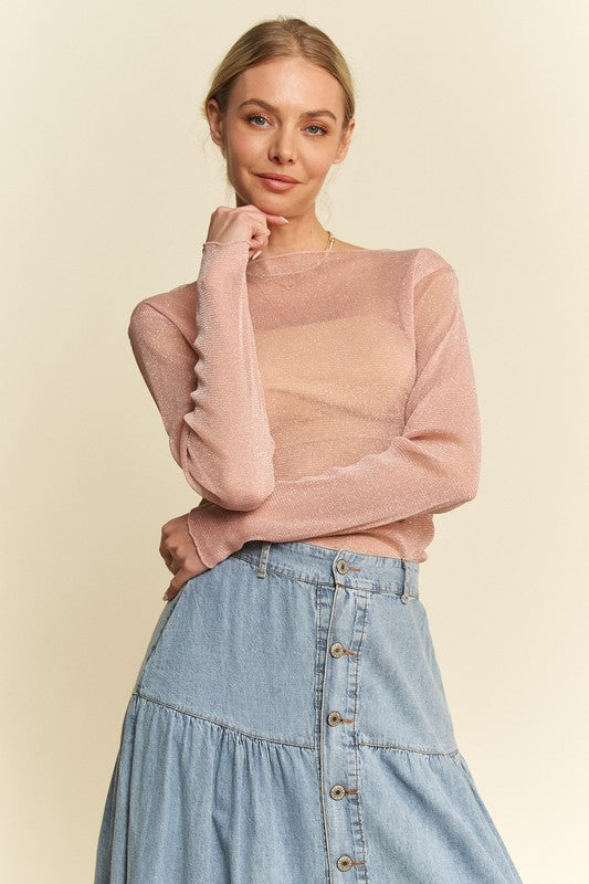 Davi & Dani Glitter Mesh Lettuce Hem Long Sleeve Top - Classique Collection