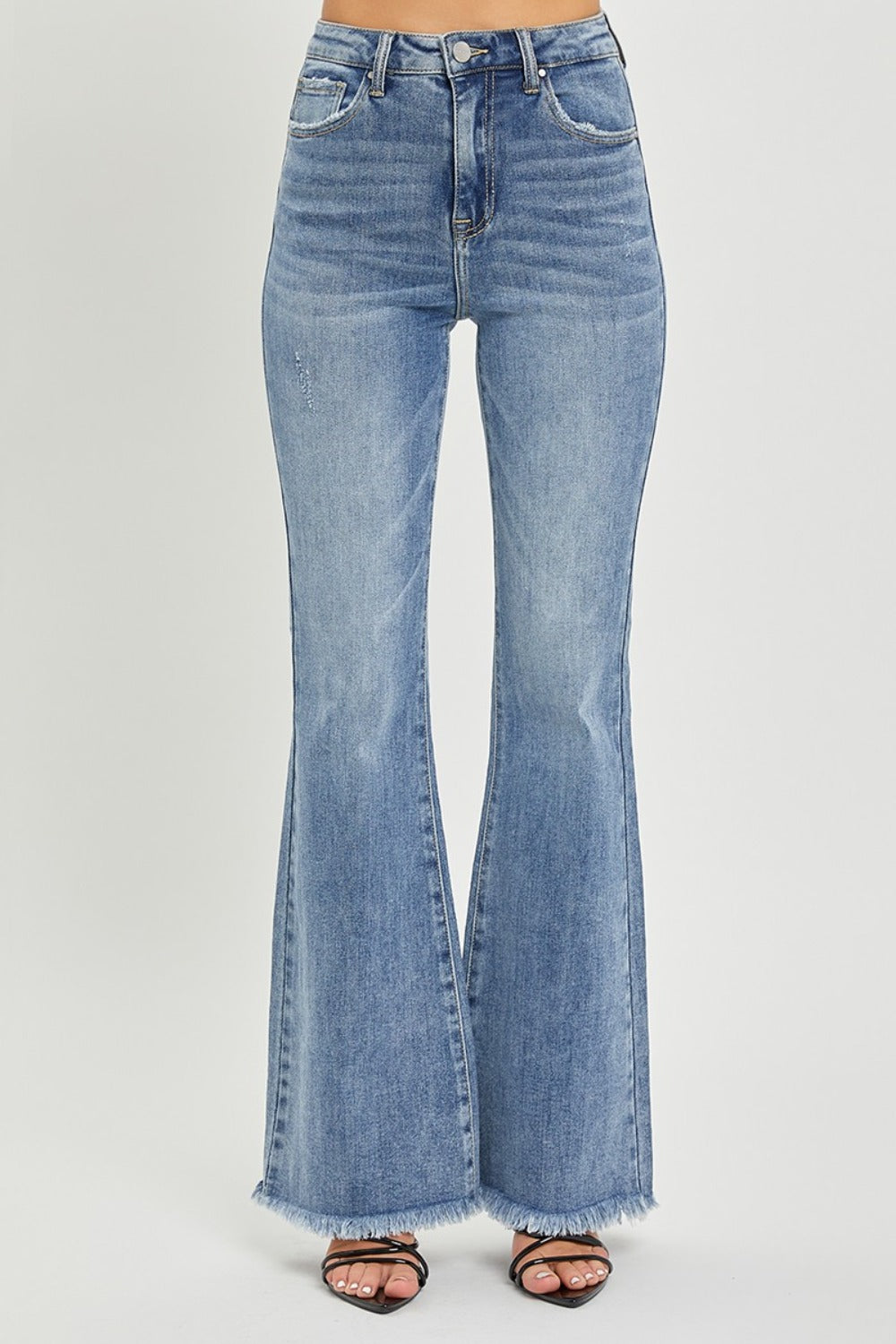 RISEN Full Size High Waist Raw Hem Flare Jeans - Classique Collection