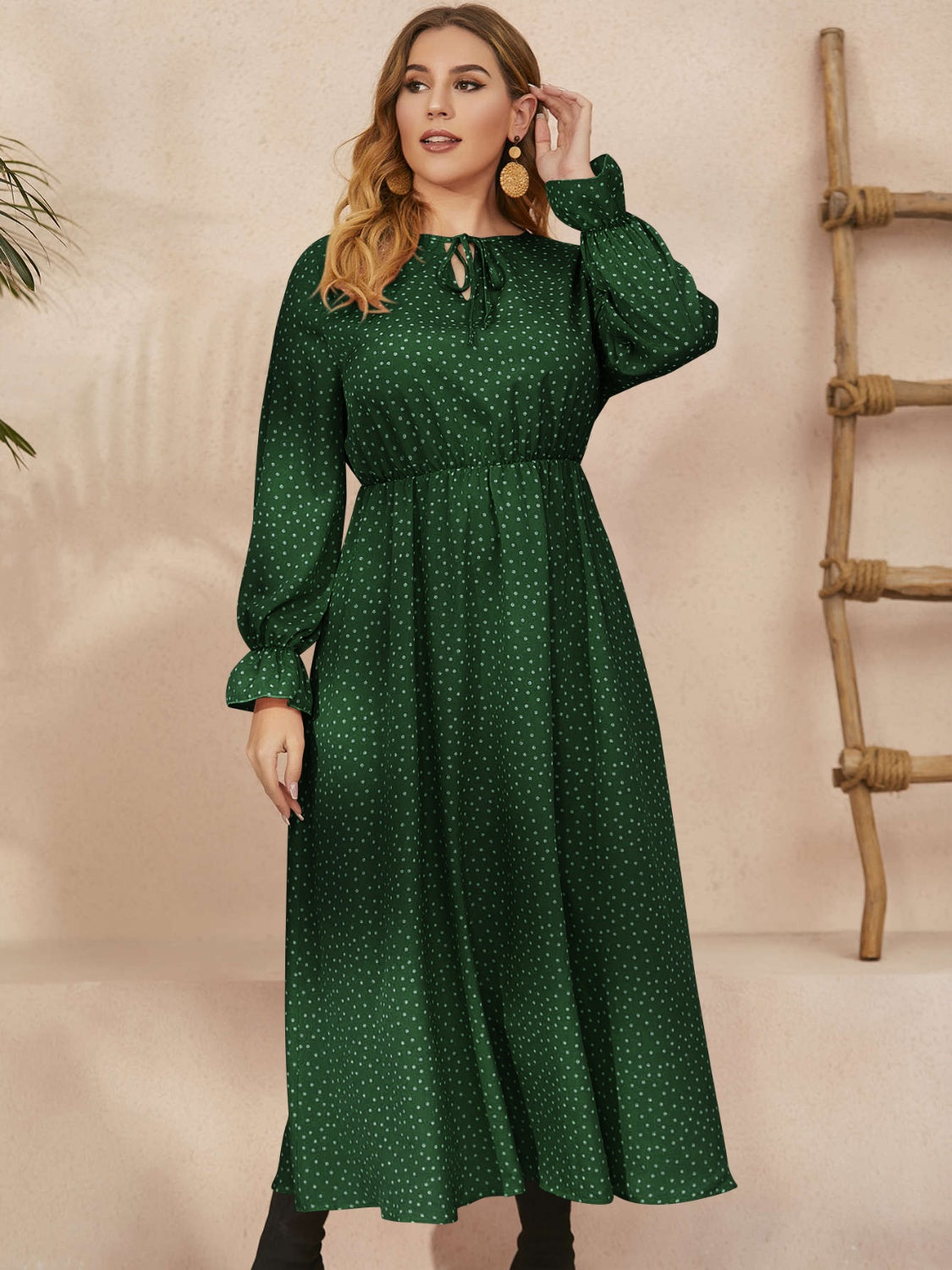 Honey Plus Size Ruffled Polka Dot Long Sleeve Midi Dress - Classique Collection