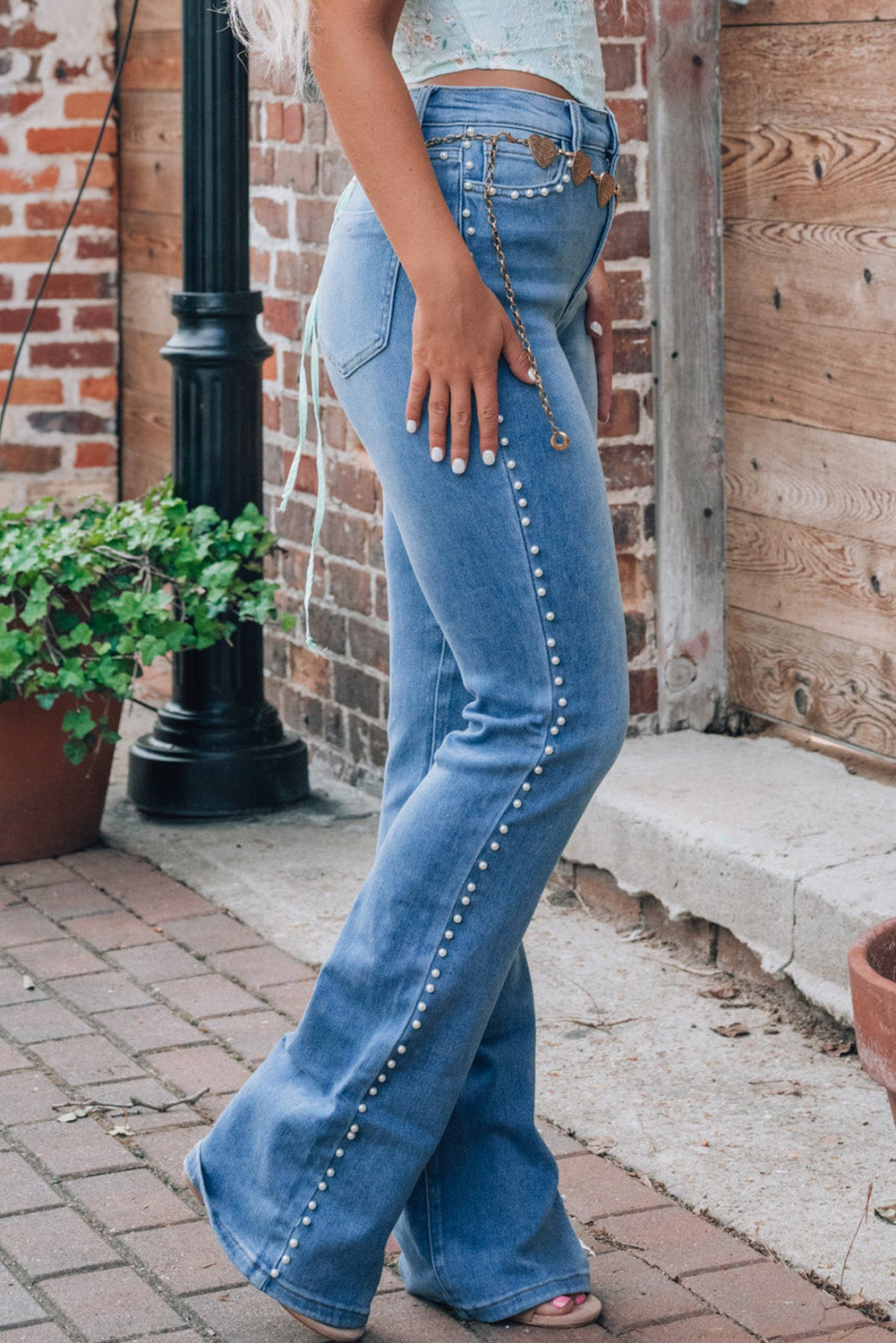 Pearl Trim High Waist Bootcut Jeans - Classique Collection