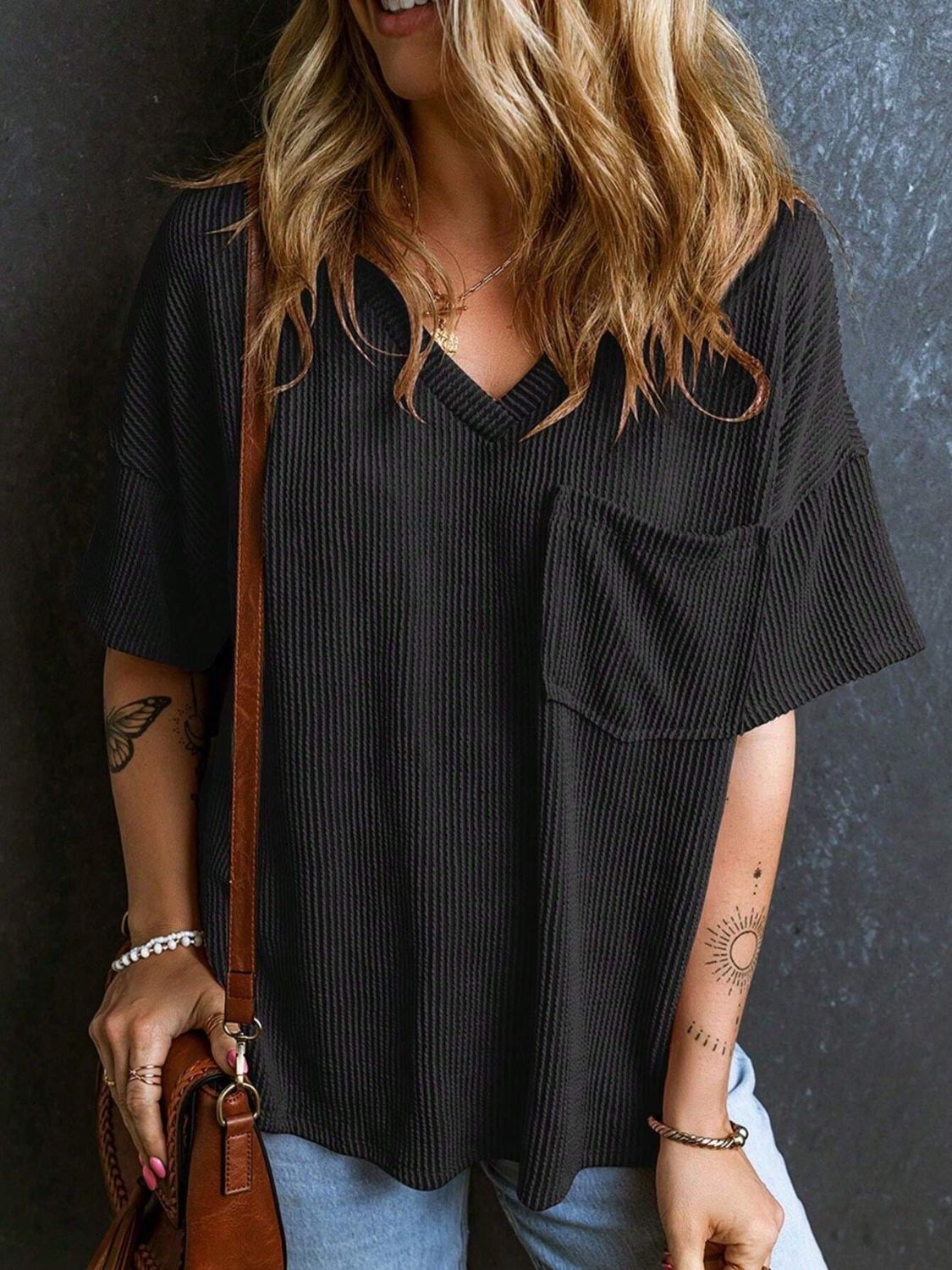Textured V-Neck Half Sleeve T-Shirt - Classique Collection