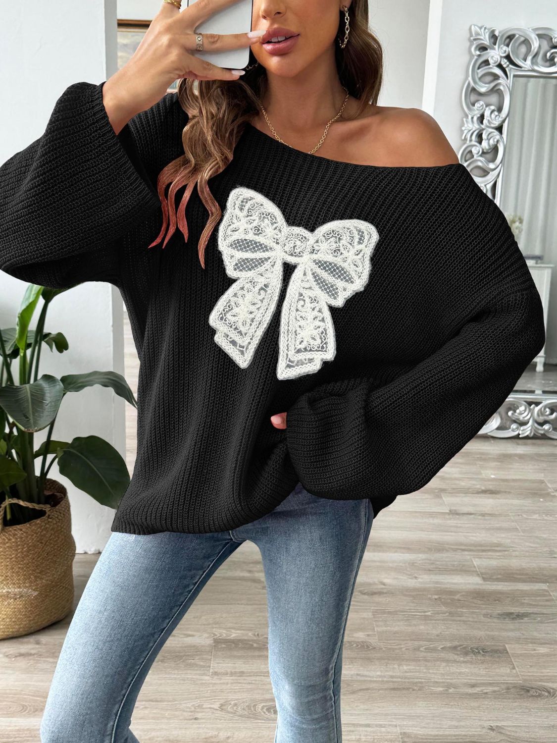 Bow Boat Neck Long Sleeve Sweater - ClassiQ
