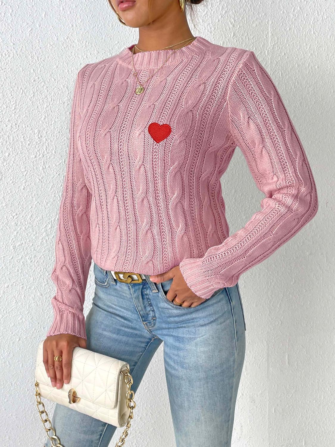 Cable-Knit Heart Round Neck Long Sleeve Sweater - ClassiQ
