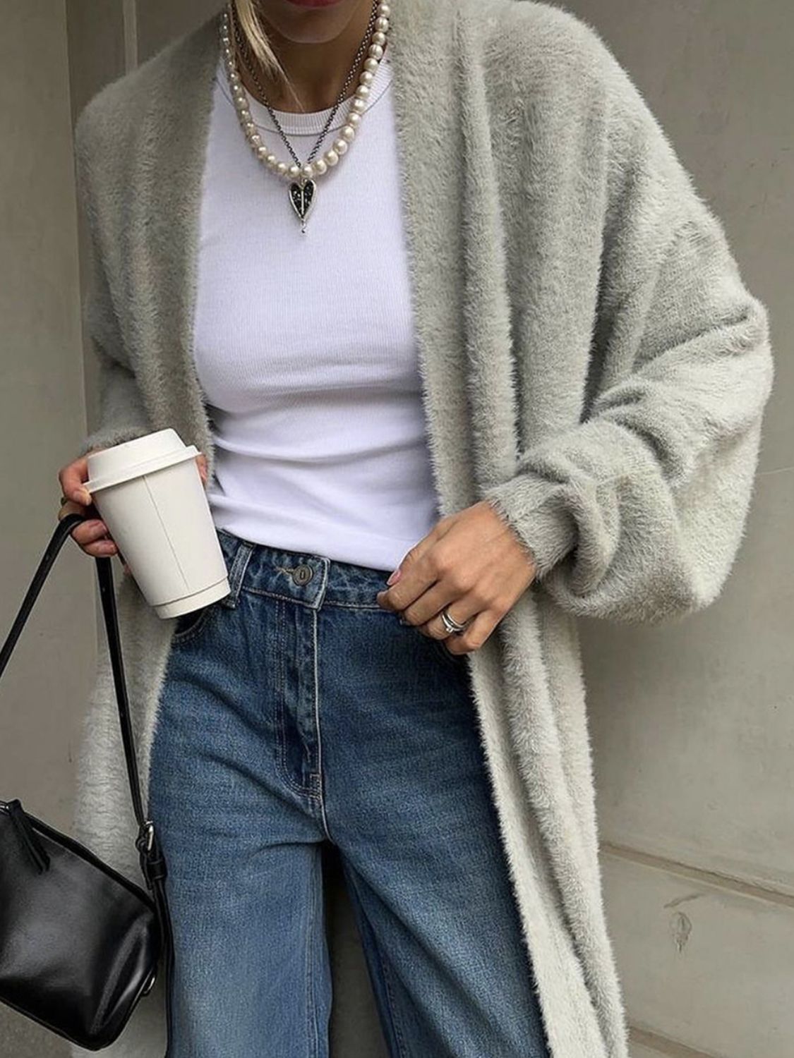 Fuzzy Open Front Solid Color Cardigan - Classique Collection