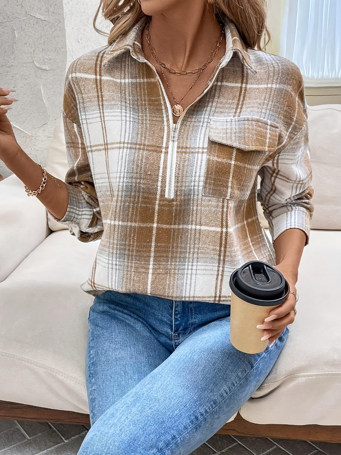 Plaid Collared Neck Half Zip Long Sleeve Top - Classique Collection