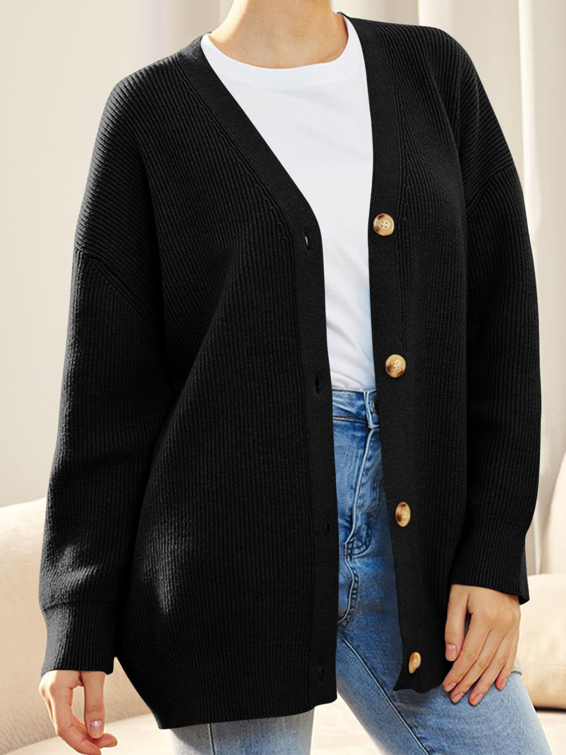 Button Down V-Neck Long Sleeve Cardigan - ClassiQ