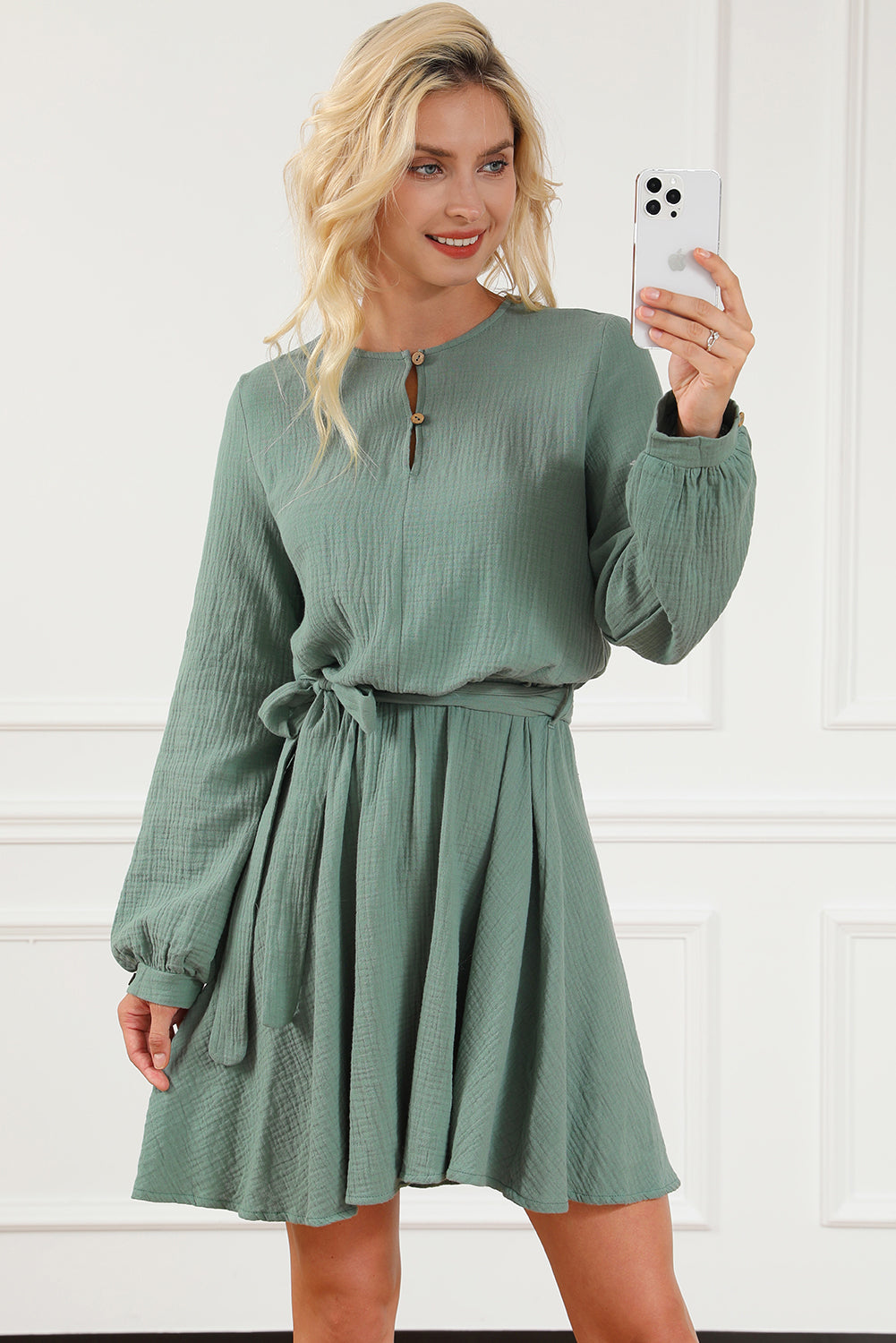 Round Neck Long Sleeve Tie Waist Dress - Classique Collection