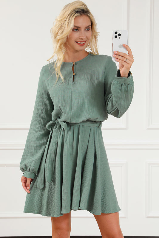 Round Neck Long Sleeve Tie Waist Dress - Classique Collection
