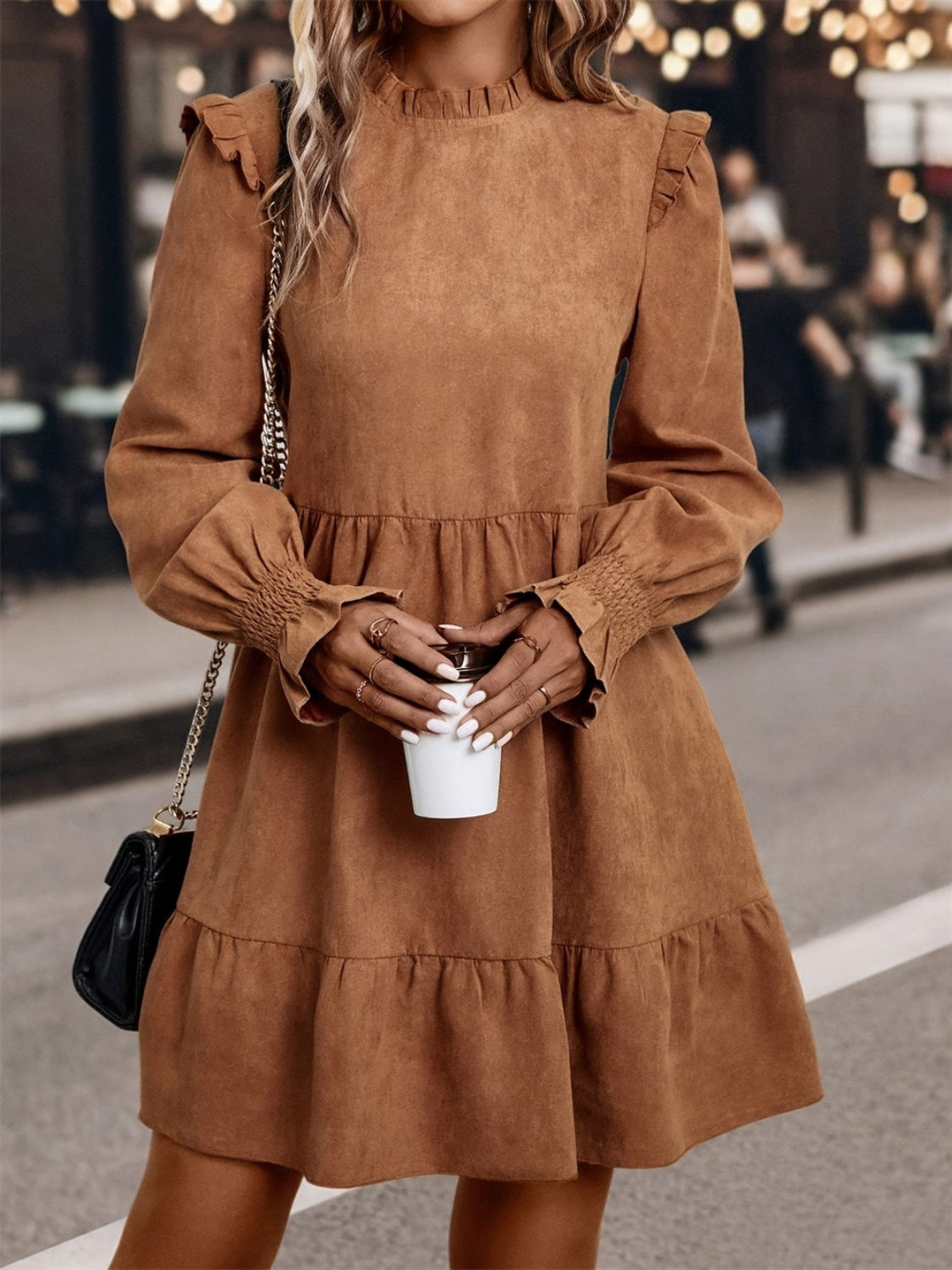 Frill Round Neck Long Sleeve Mini Dress - Classique Collection