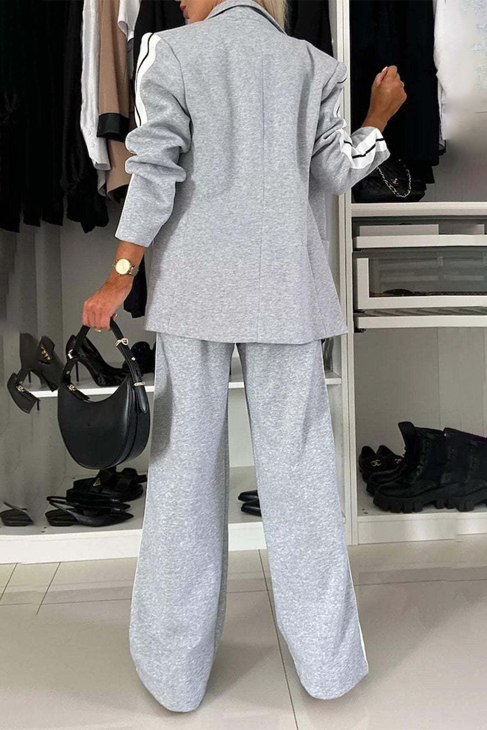 Full Size Contrast Lapel Collar Top and Pants Set - ClassiQ