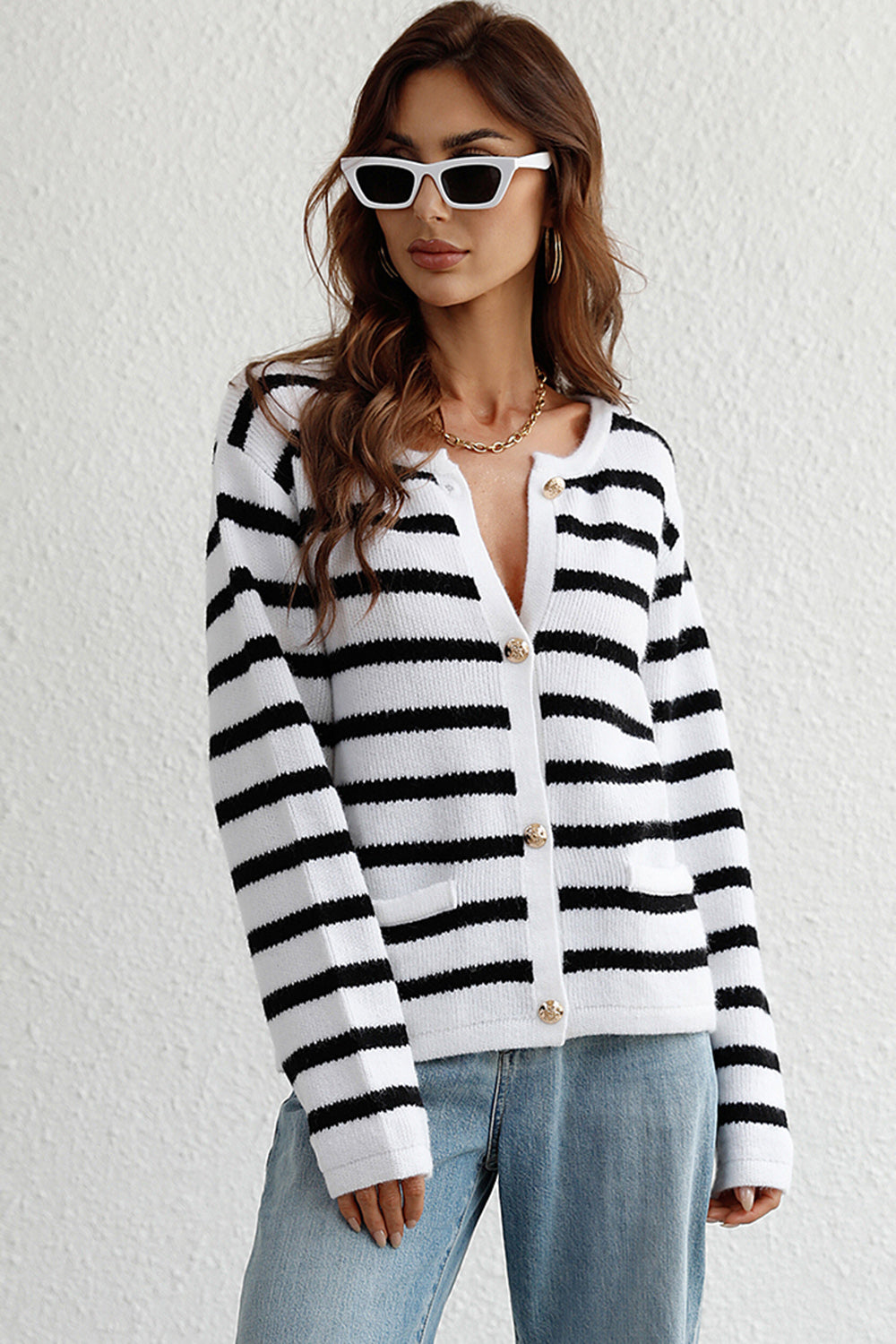 Striped Button Down Long Sleeve Cardigan - ClassiQ