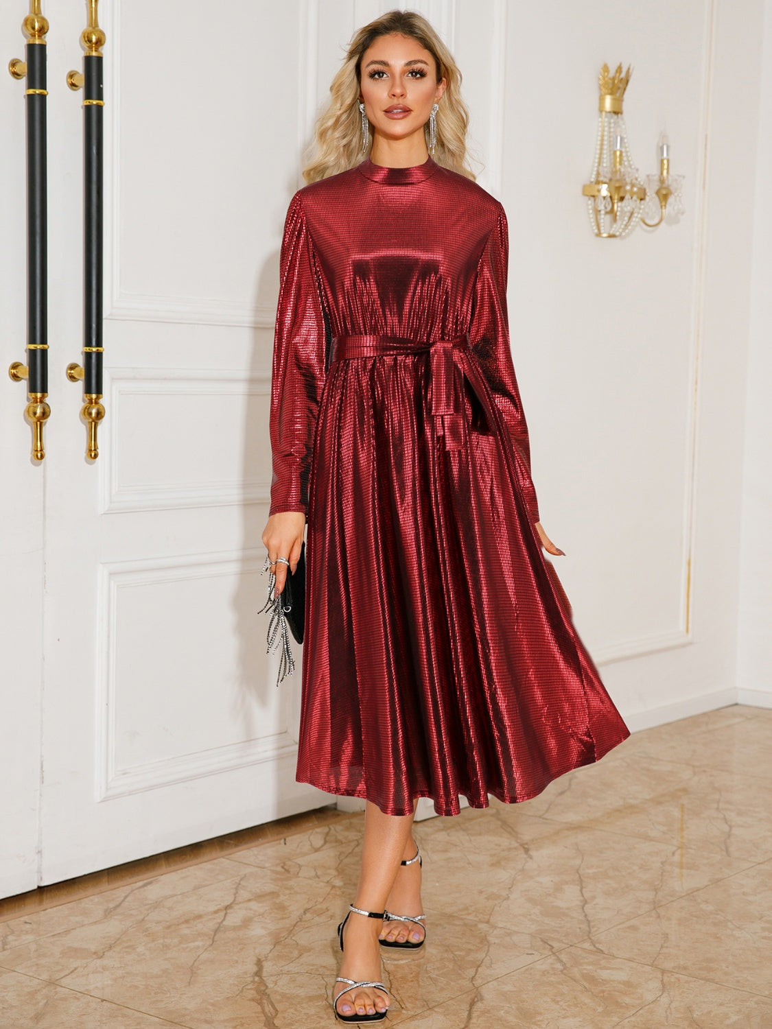 Tie Waist Long Sleeve Midi Dress - Classique Collection