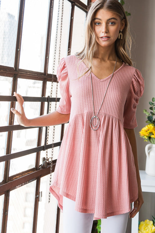 Heimish Full Size Waffle Knit V-Neck Babydoll Top - ClassiQ