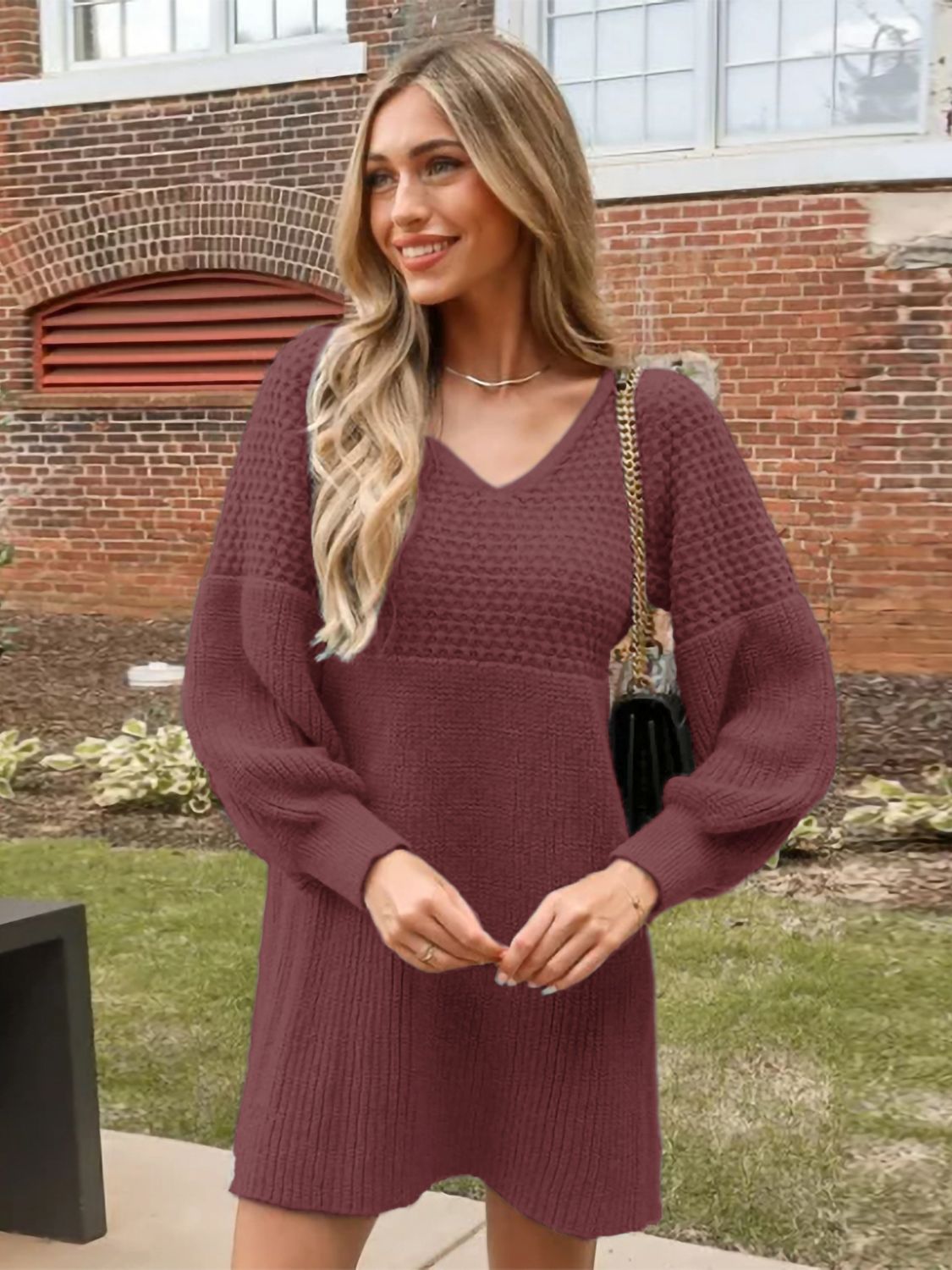 Perfee V-Neck Long Sleeve Sweater Dress - Classique Collection