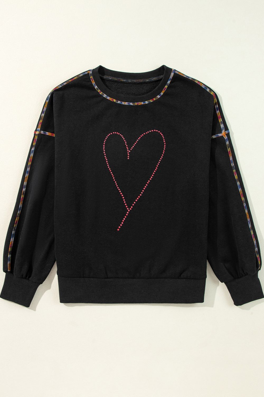 Valentine’s Day Rhinestone Heart Round Neck Long Sleeve Sweatshirt - Classique Collection