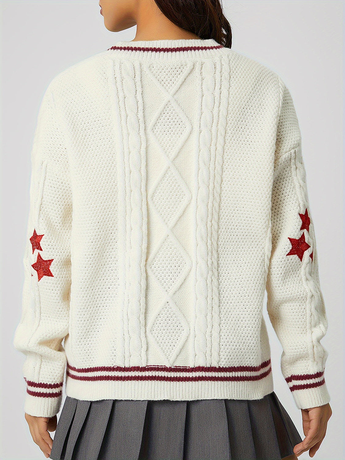 Star Embroidered V-Neck Long Sleeve Cardigan - ClassiQ