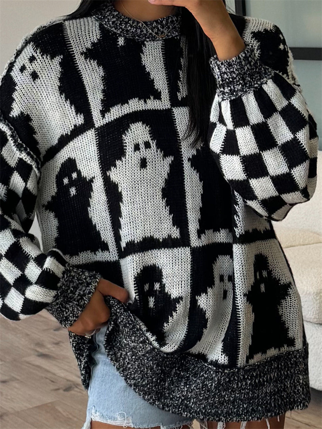 Ghost Dropped Shoulder Long Sleeve Sweater - ClassiQ