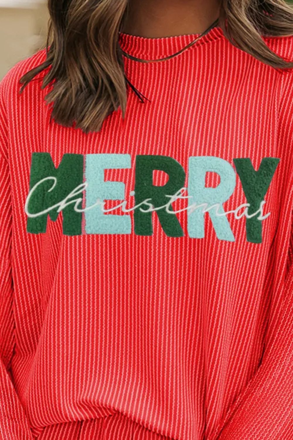 MERRY CHRISTMAS Round Neck Long Sleeve Top and Shorts Set Trendsi