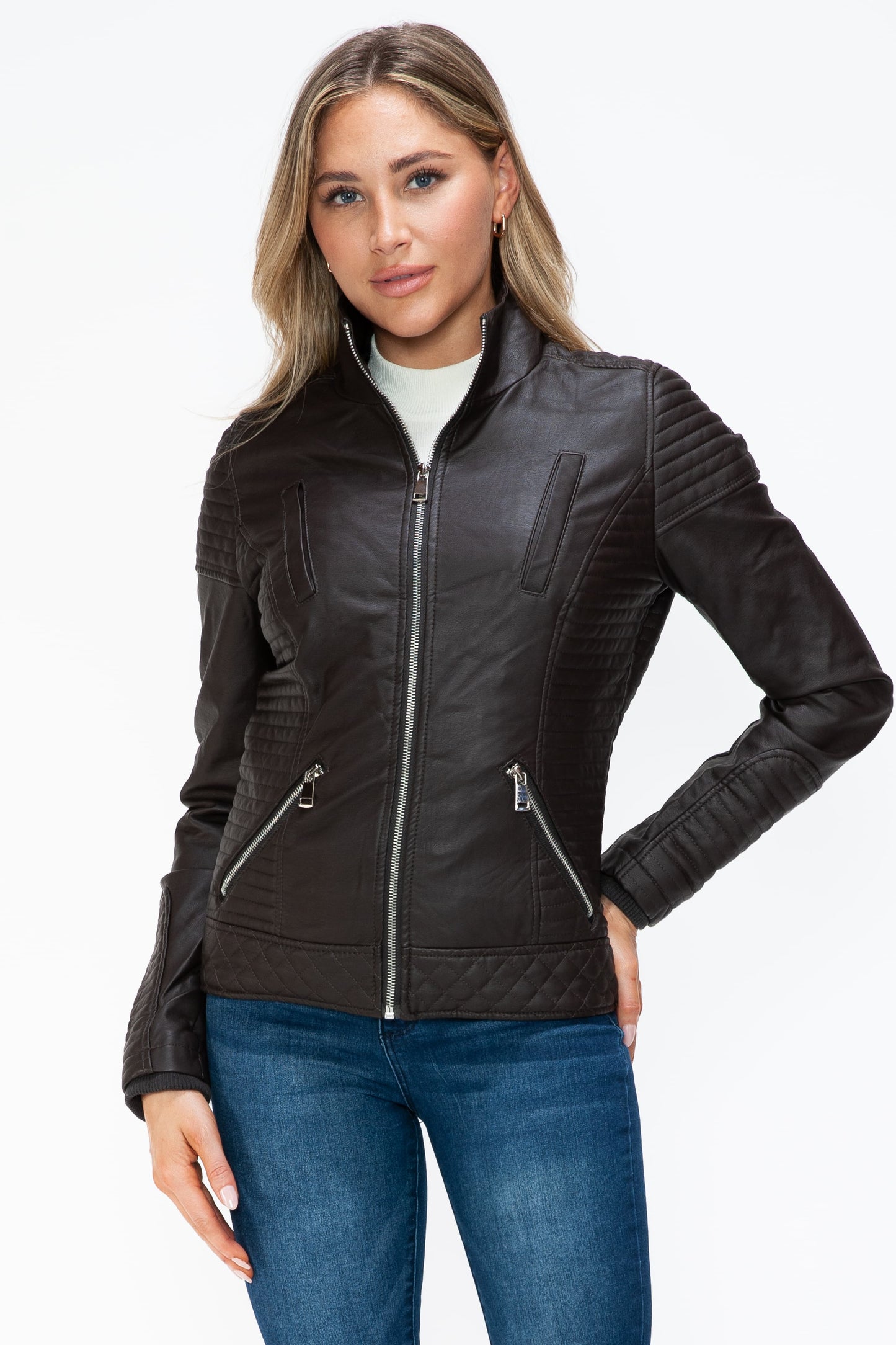 YMI Faux Layered Double-Zipper Jacket with Fuzzy Hood - ClassiQ