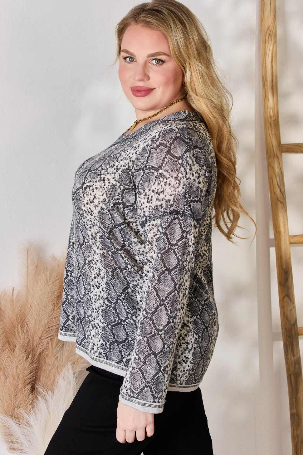 Hailey & Co Full Size Snakeskin V-Neck Long Sleeve Top - Classique Collection