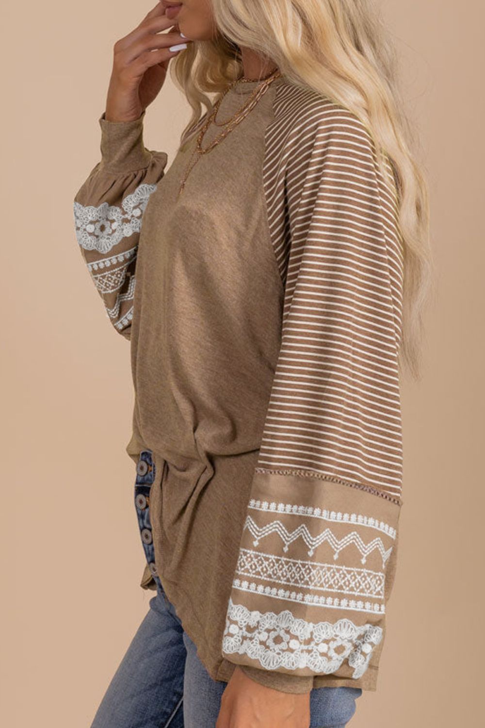 Striped Round Neck Long Sleeve Blouse - Classique Collection
