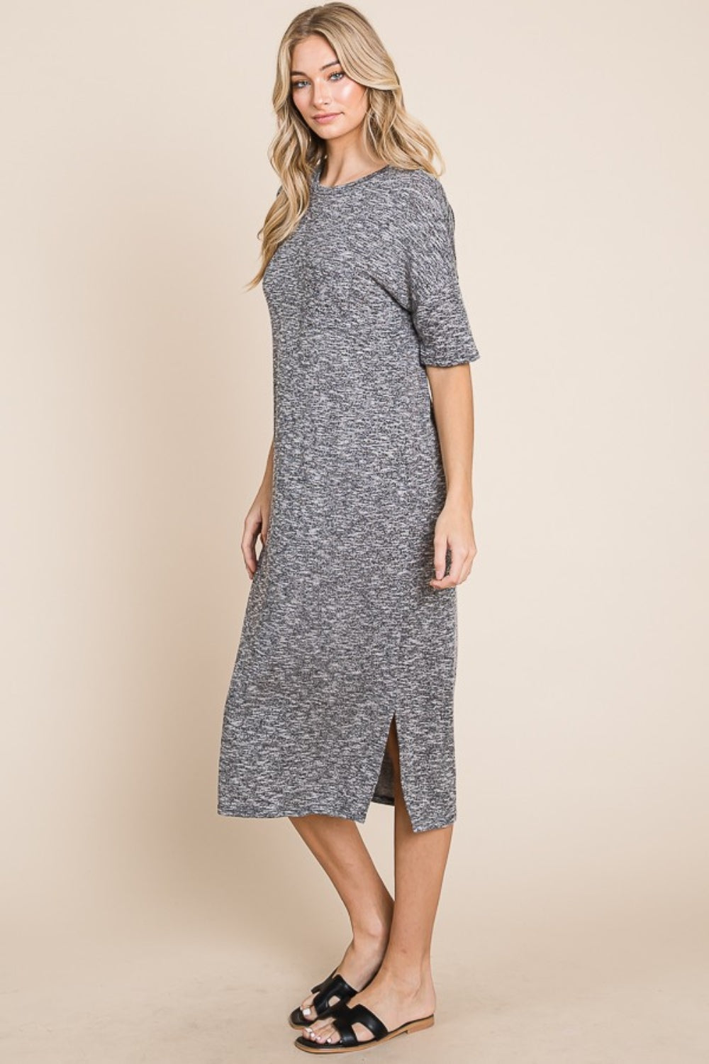 BOMBOM Slit Round Neck Half Sleeve Midi Dress - Classique Collection
