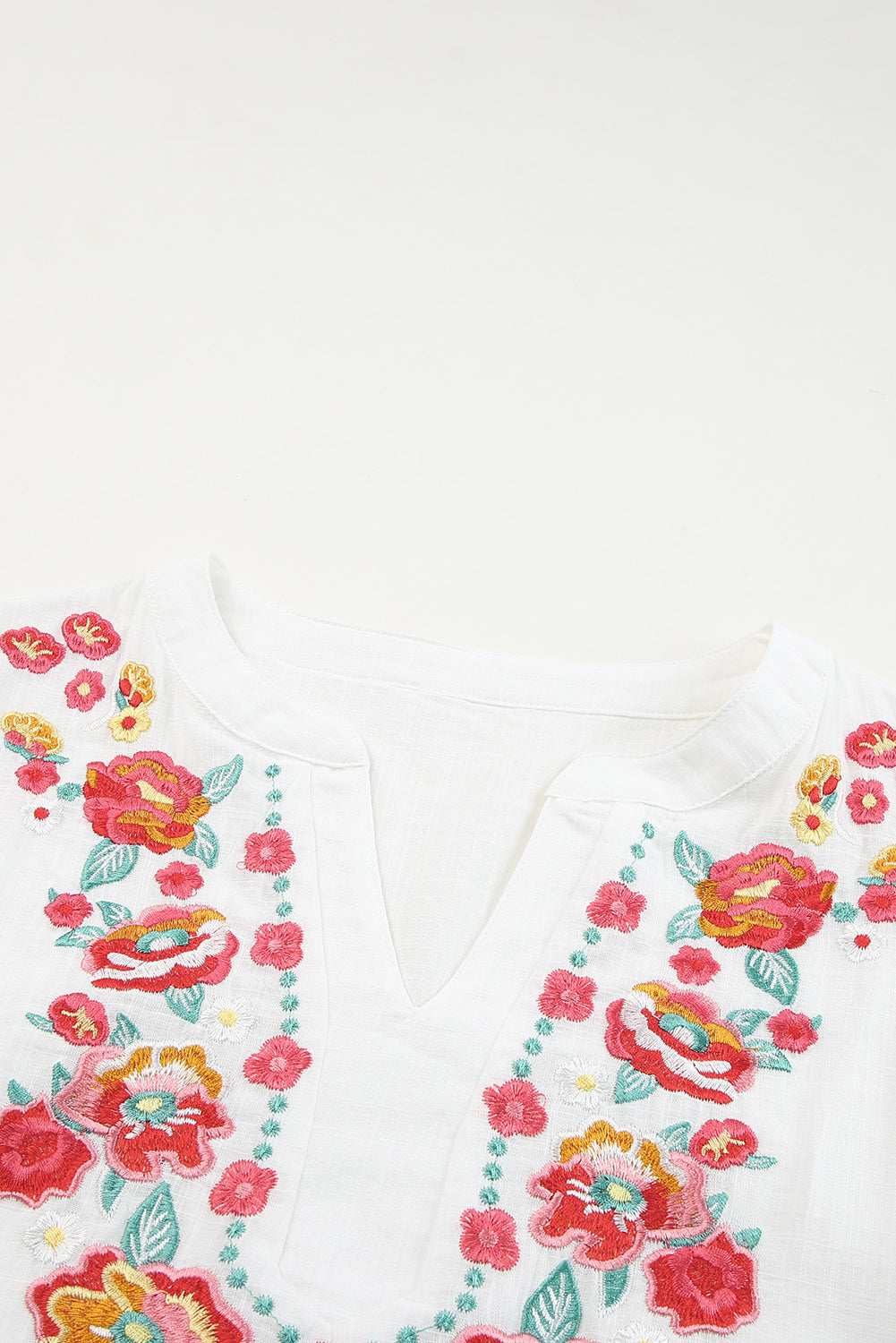 Embroidered Notched Neck Flounce Sleeve Top - Classique Collection