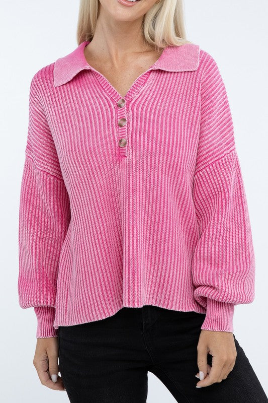 Washed Collared Henley Sweater - Classique Collection