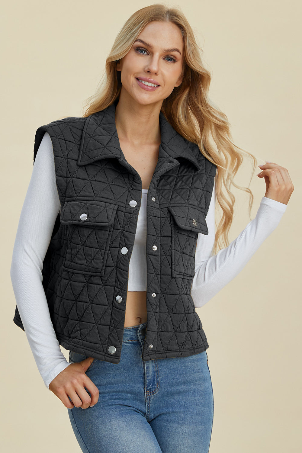 Double Take Full Size Pocketed Texture Snap Down Vest Coat - Classique Collection