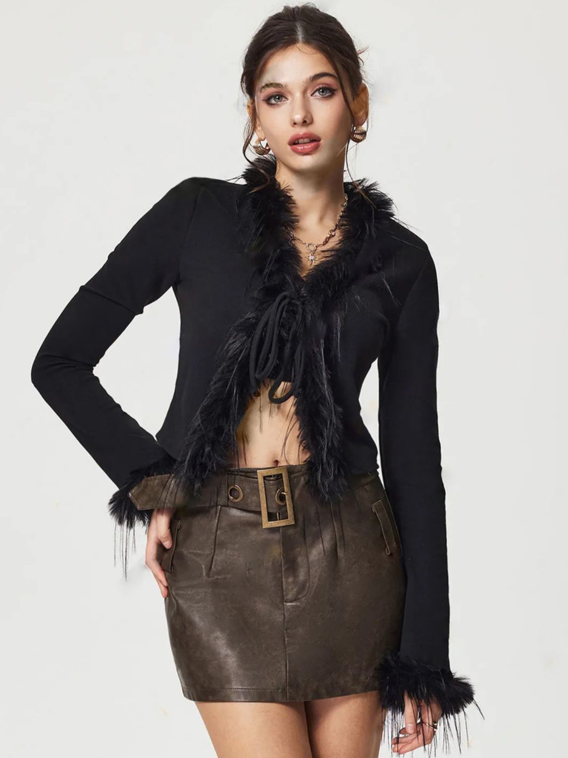 Tied Fuzzy Trim Long Sleeve Knit Cardigan - ClassiQ