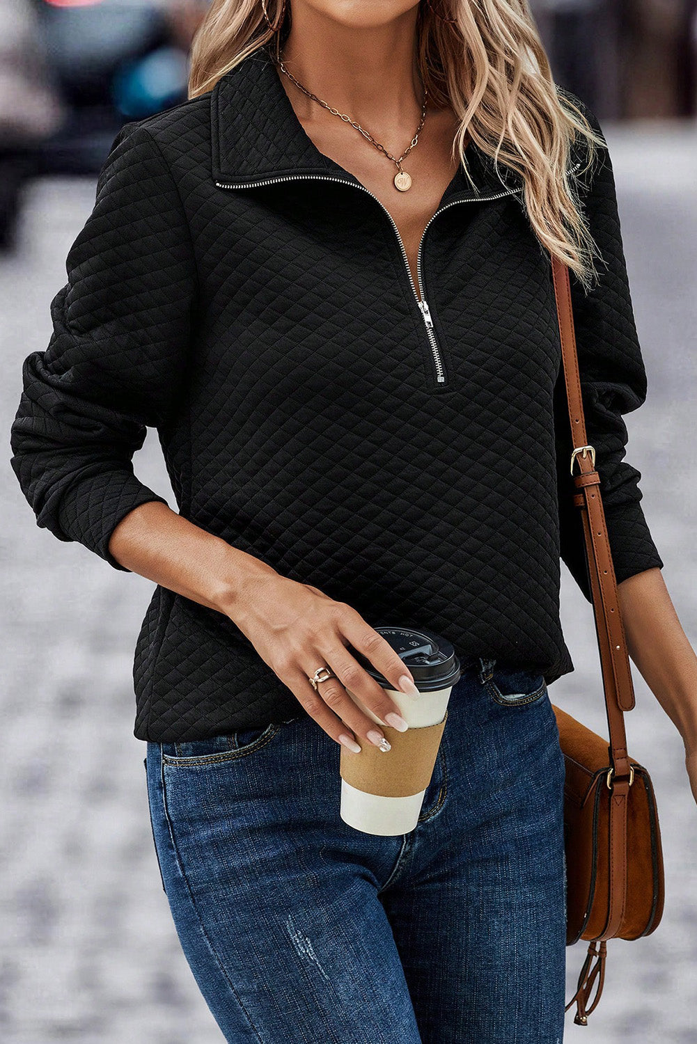 Half Zip Collar Solid Color Long Sleeve Sweatshirt - ClassiQ