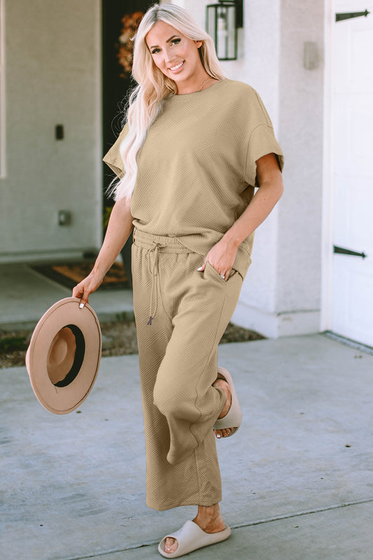 Double Take Full Size Texture Short Sleeve Top and Pants Set - ClassiQ