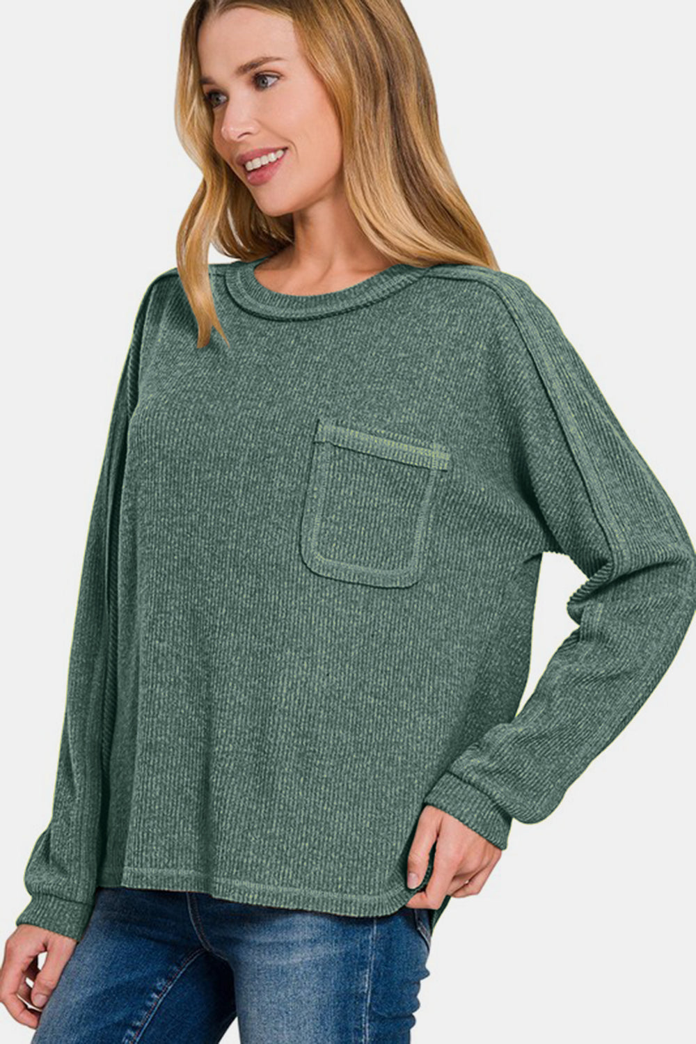 Zenana Full Size Contrast Stitching Brushed Ribbed Hacci Knit Top - Classique Collection