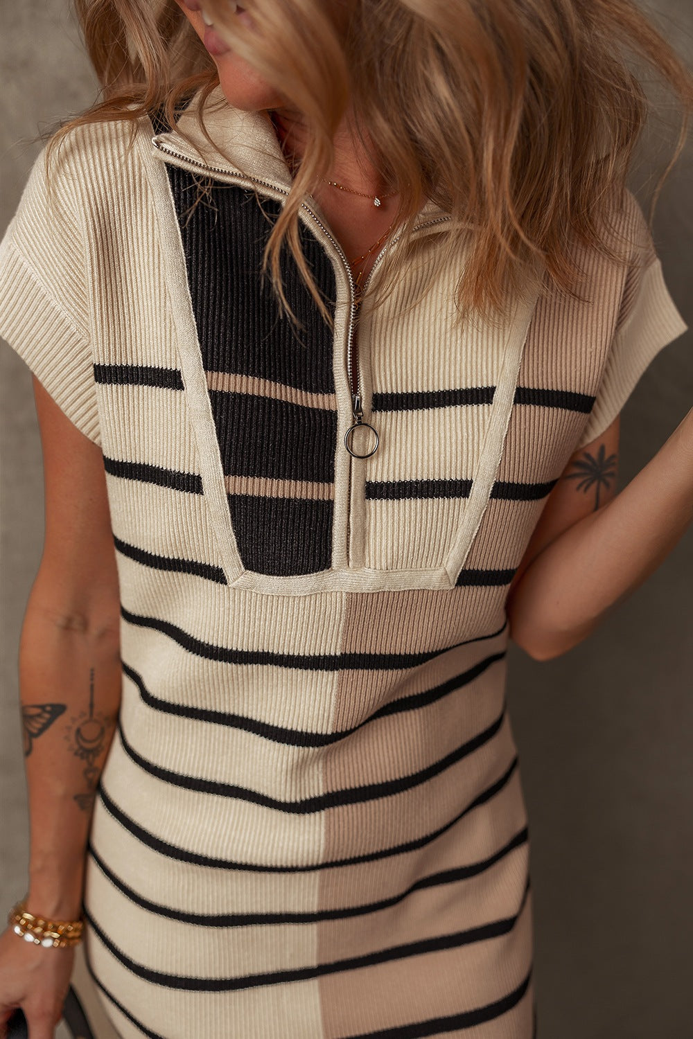 Striped Quarter Zip Cap Sleeve Sweater Dress - ClassiQ