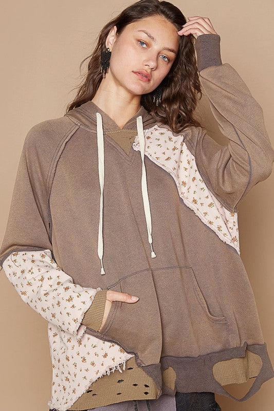 POL Floral Patchwork Distressed Drawstring Hoodie - Classique Collection