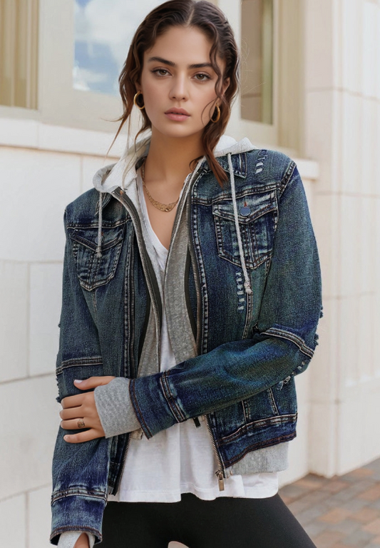 Fake Two-Piece Hooded Zip-Up Denim Jacket - Classique Collection