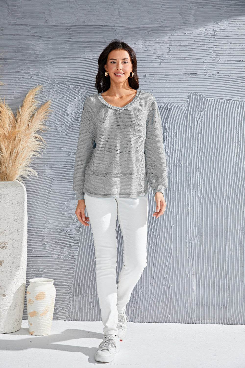 Waffle-Knit V-Neck Blouse with Breast Pocket - Classique Collection