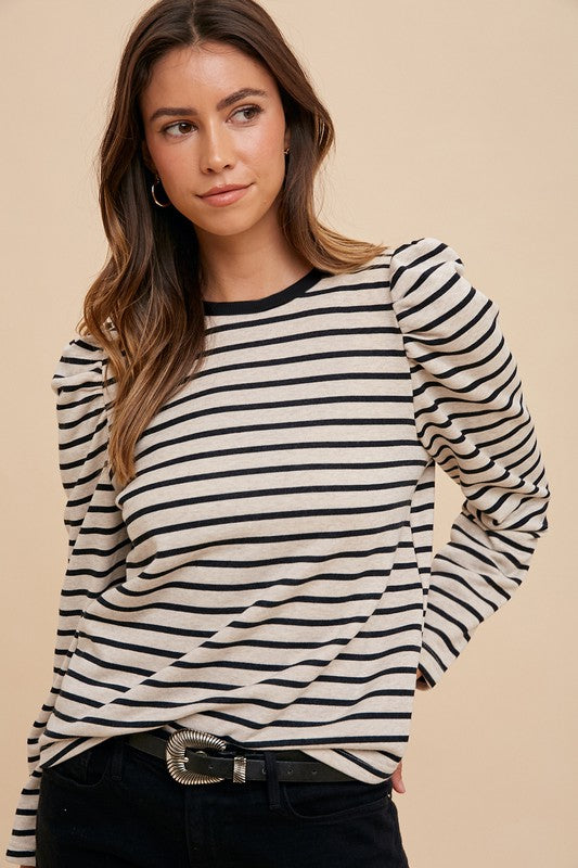 Annie Wear Striped Round Neck Puff Sleeve French Terry Top - ClassiQ