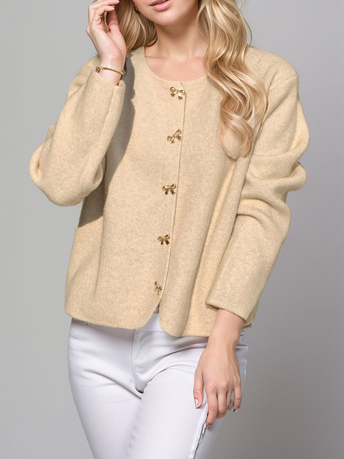 Bow Button Down Round Neck Long Sleeve Cardigan - Classique Collection