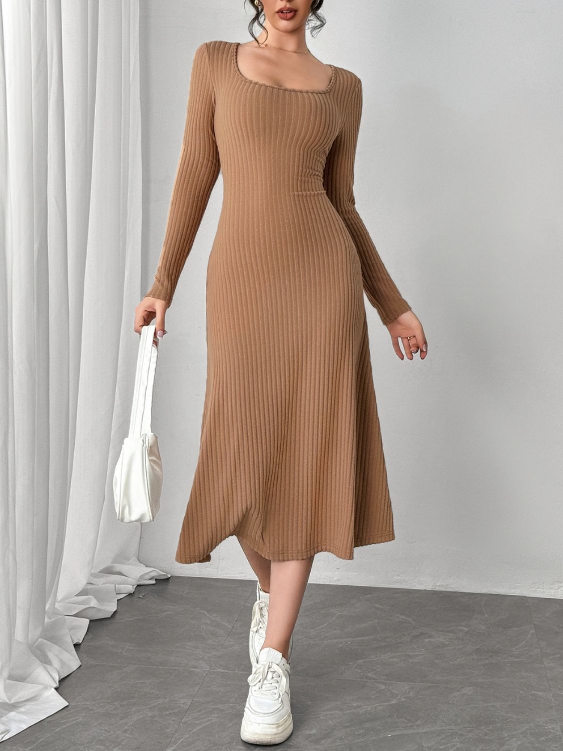 Square Neck Long Sleeve Midi Wrap Dress - Classique Collection