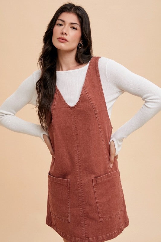 Annie Wear V-Neck Adjustable Strap Denim Overall Dress with Pockets - ClassiQ