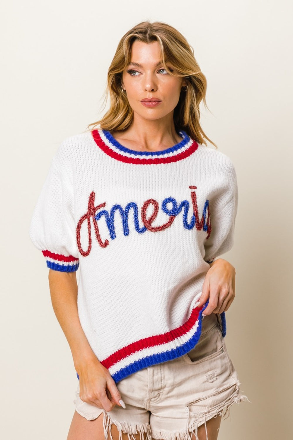 BiBi Metallic America Letter Short Sleeve Sweater - Classique Collection