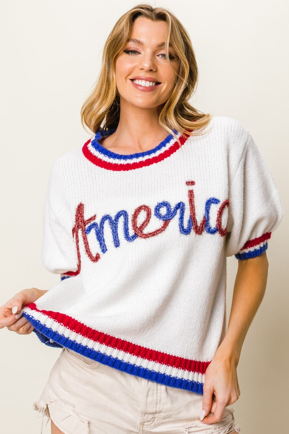 BiBi Metallic America Letter Short Sleeve Sweater - Classique Collection
