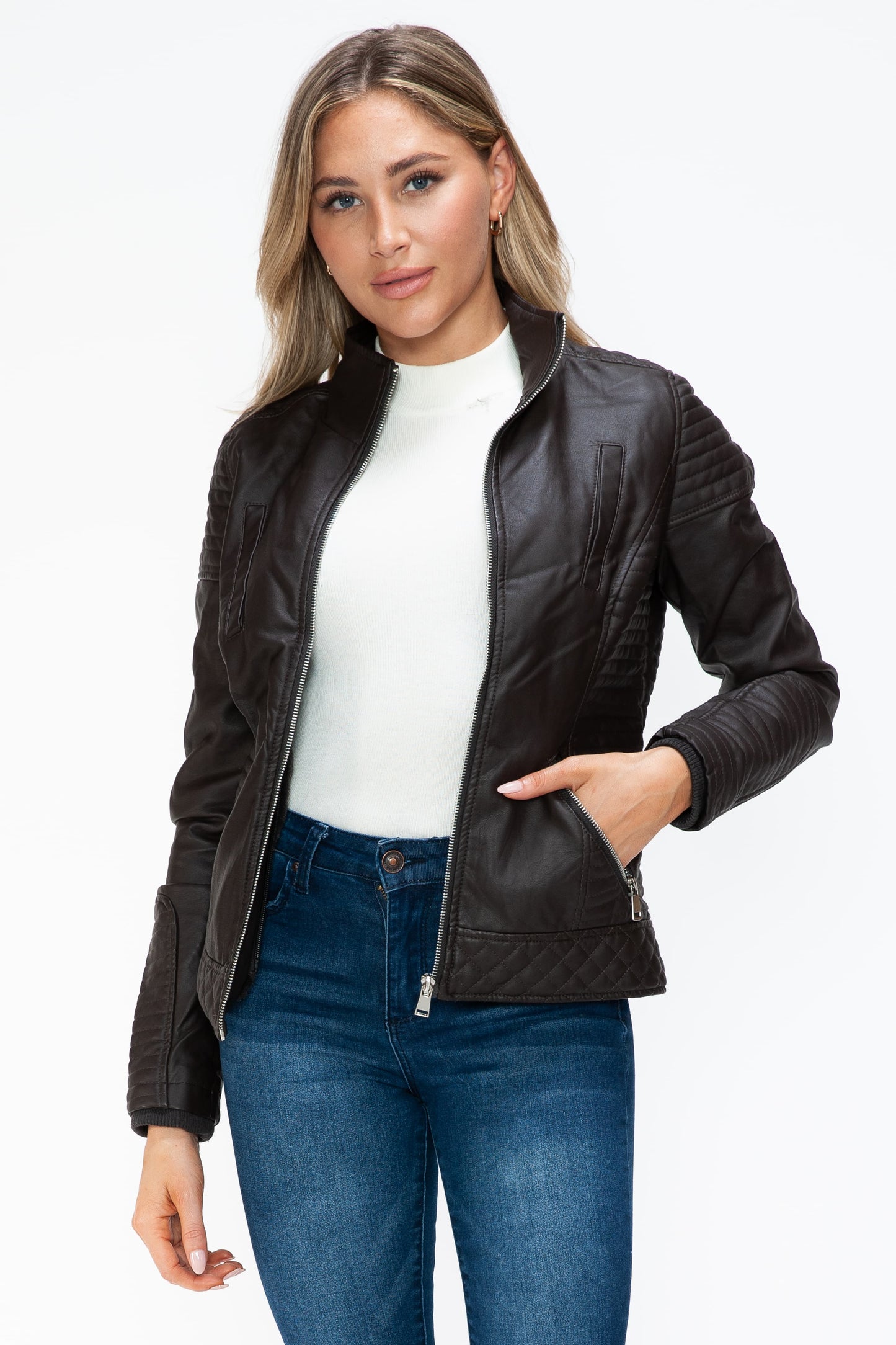 YMI Faux Layered Double-Zipper Jacket with Fuzzy Hood - ClassiQ