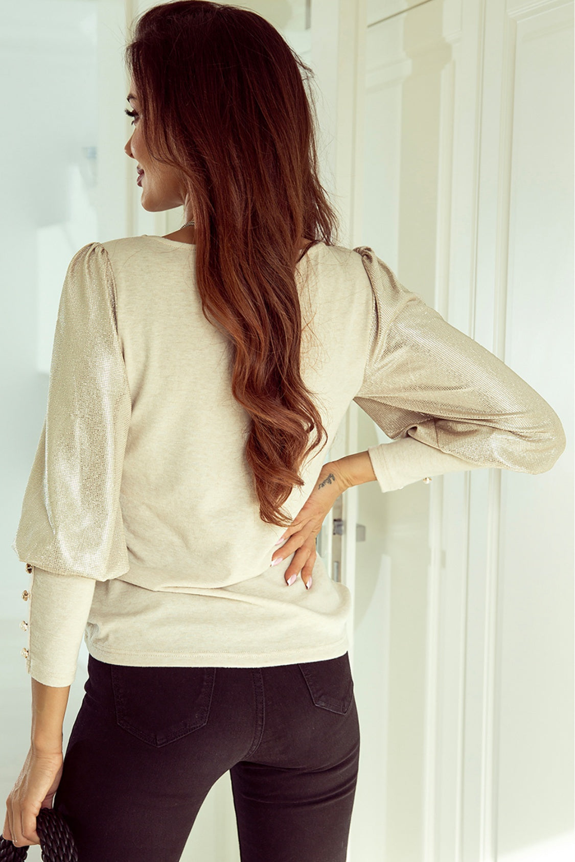 Buttoned Cuffs Shiny Puff Sleeves Top - Classique Collection