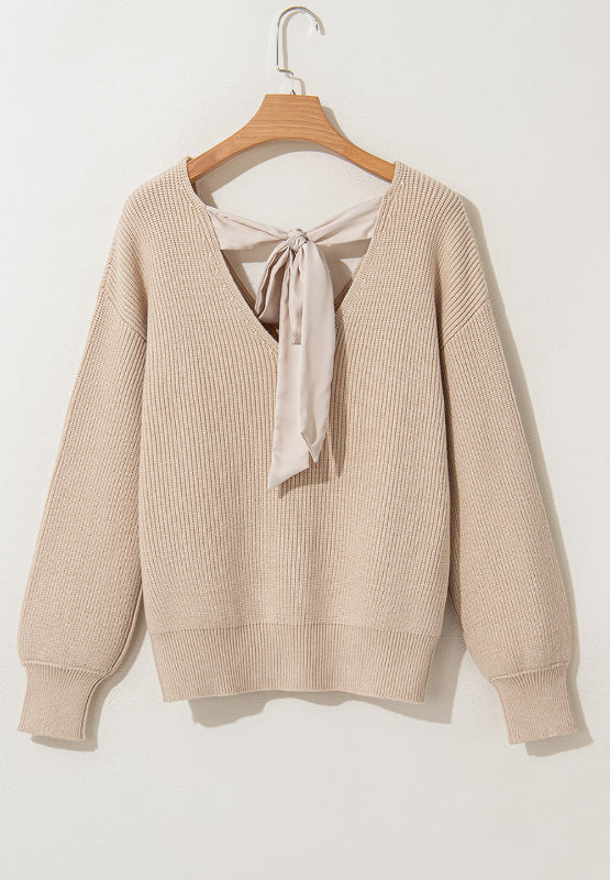 Tied Back V-Neck Long Sleeve Sweater - ClassiQ