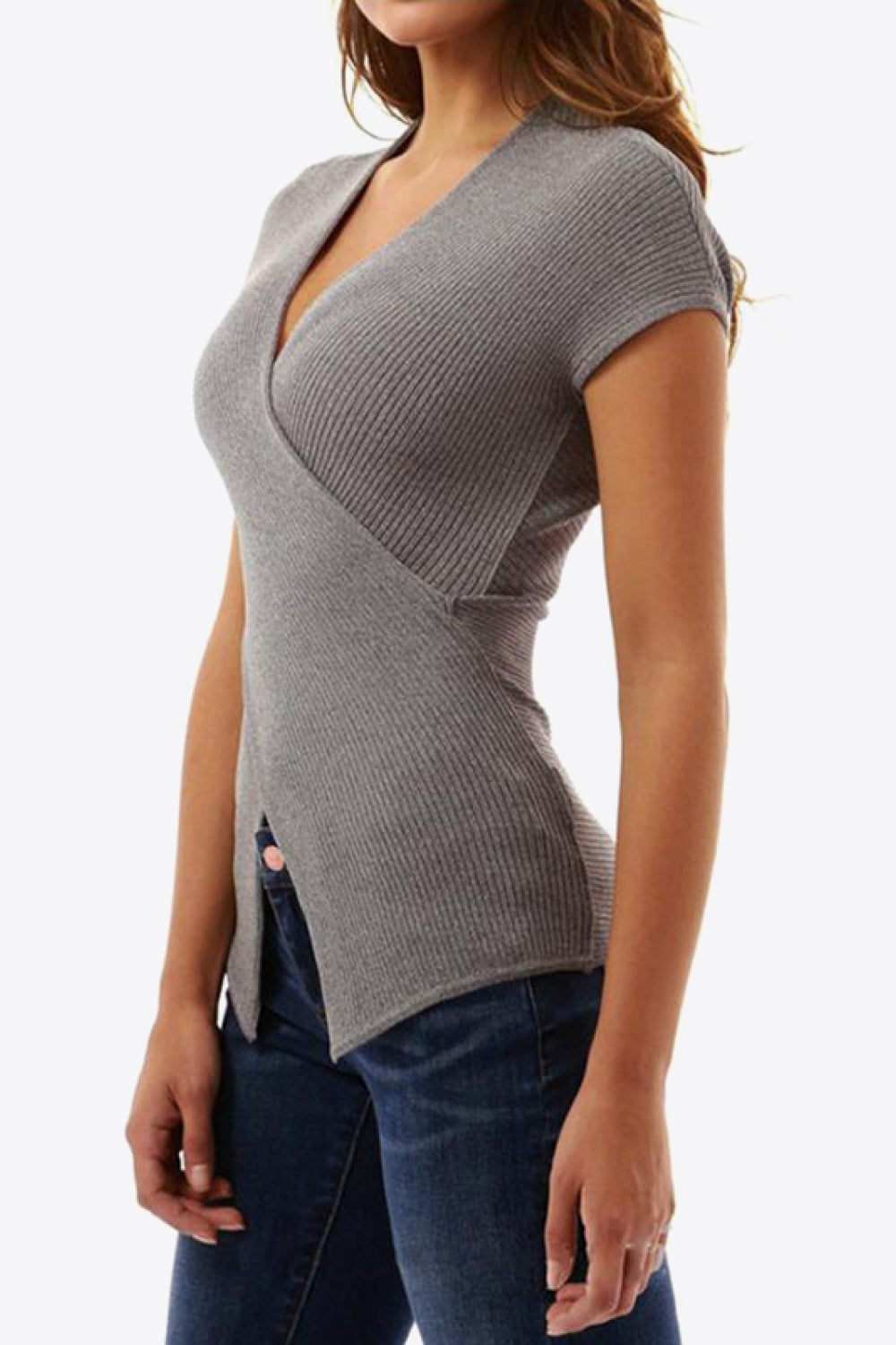 Ivy Lane Ribbed Surplice Neck Slit Top - Classique Collection