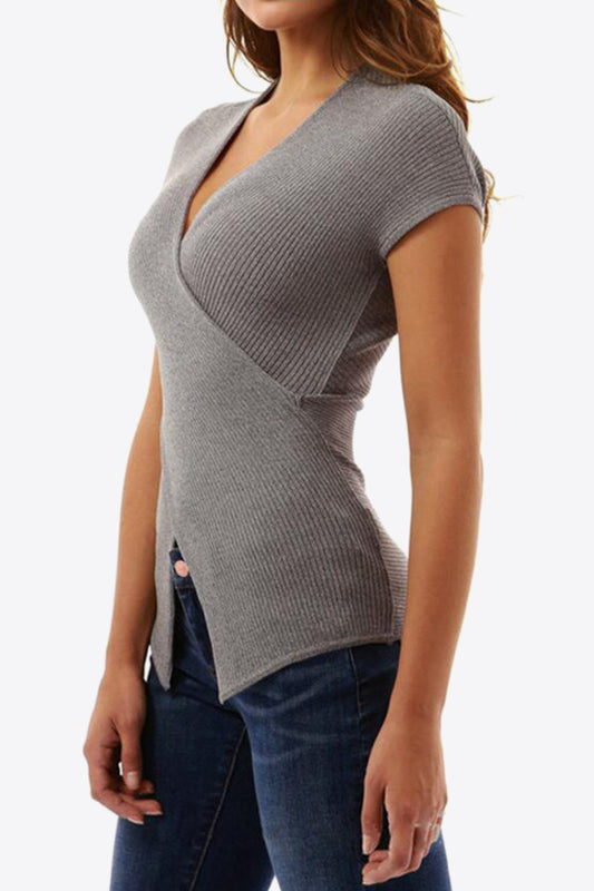 Ivy Lane Ribbed Surplice Neck Slit Top - Classique Collection