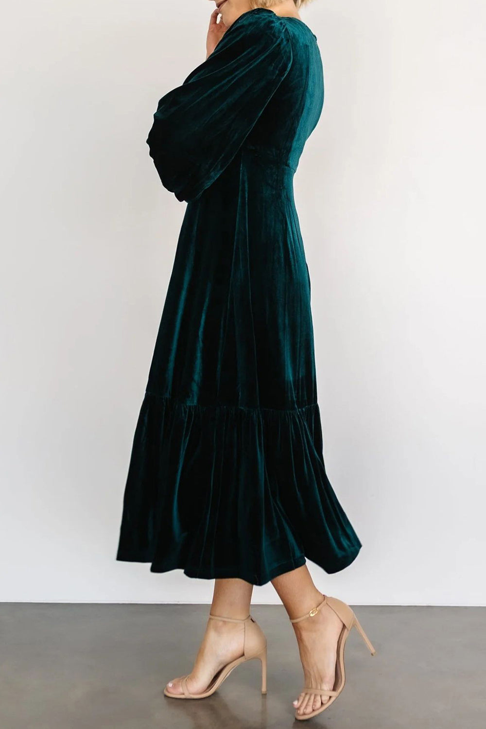 V-Neck Long Sleeve Midi Velvet Dress - Classique Collection